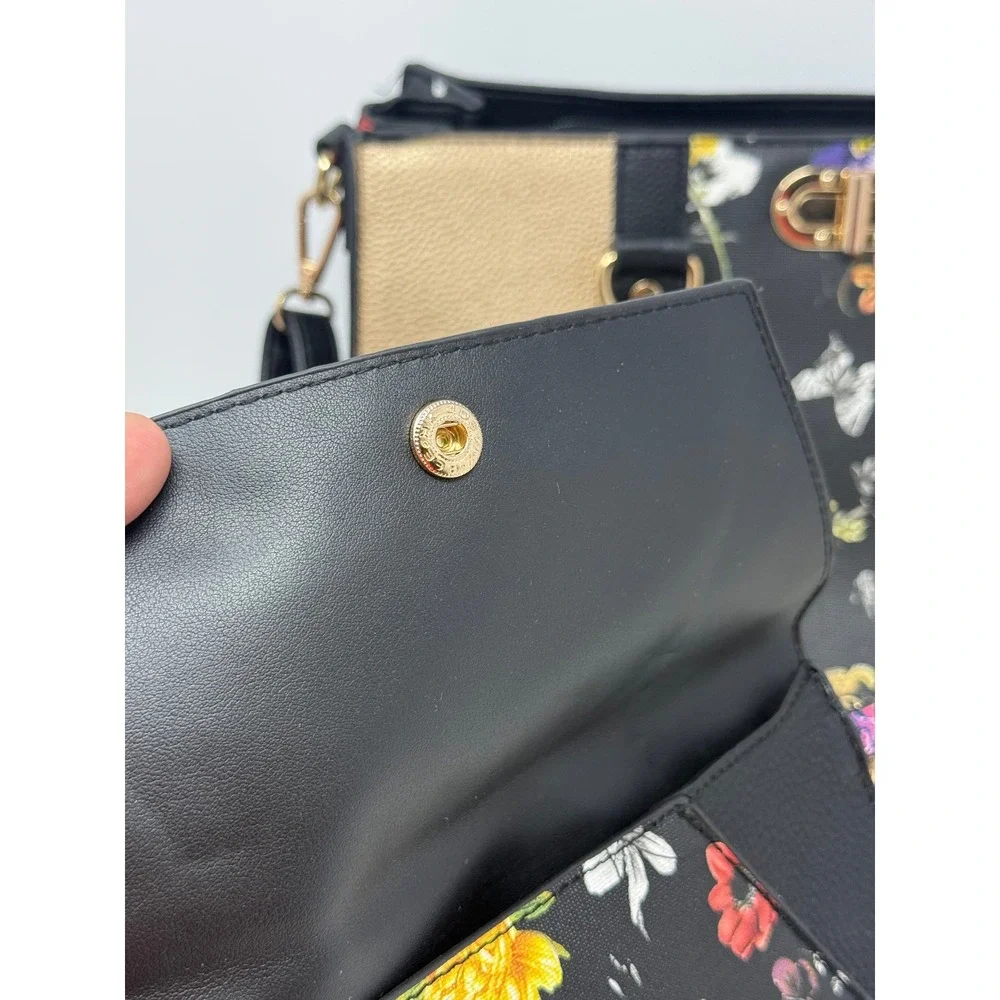 Dasein Floral Butterfly Satchel Handbag 3 Piece Set Black Gold Metallic Vegan